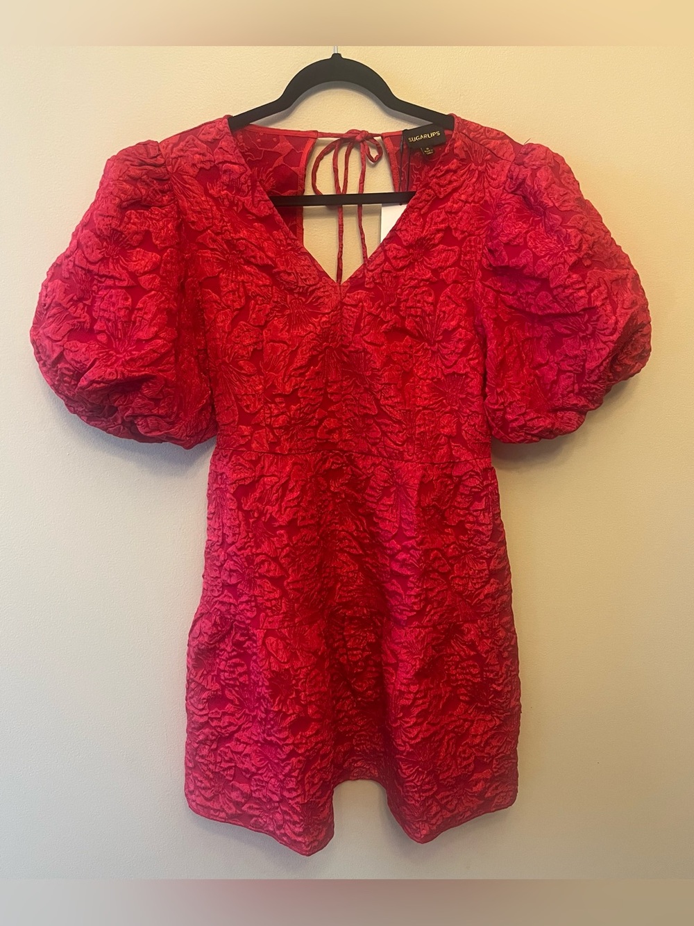 NWT Sugarlips Jacquard Mini Dress Puff Sleeves Women's Size Medium Red Holiday
